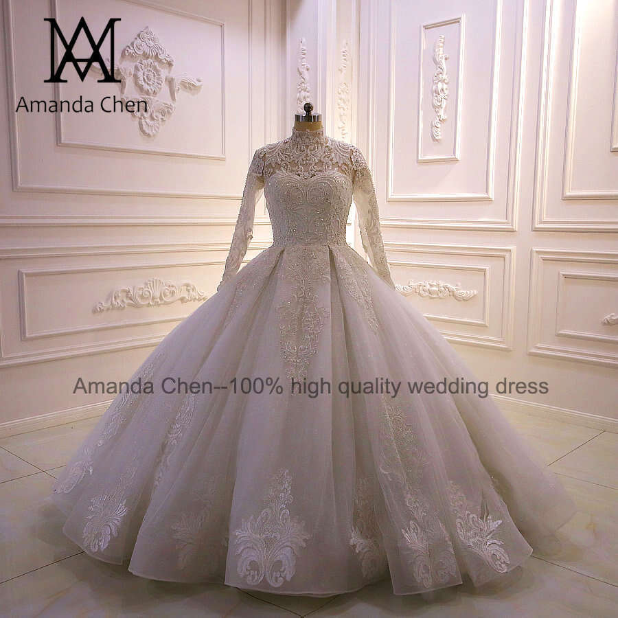 robe mariage femme High Neck Long Sleeve Lace Appliqued Wedding Dress