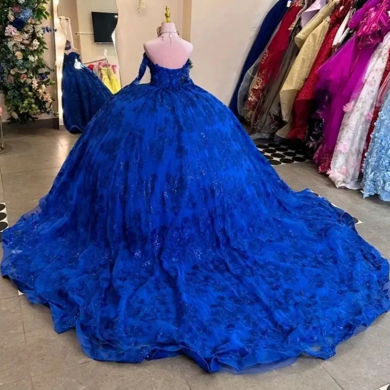 Royal Blue Shiny Off The Shoulder Quinceanera Dresses Ball Gown Sequin Applique Lace Tull Long Sleeves Sweet 16 Dress Vestidos 15 De Anos