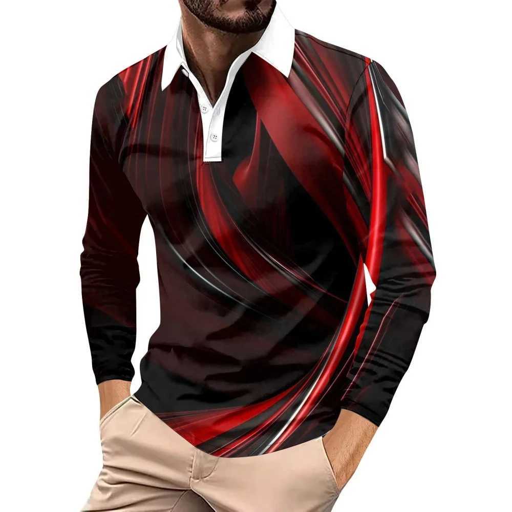 Mens Shirt Cool Geometry 3D Printing Strt Fashion Collar Graphic T-shirt Mens Top Casual Button Mens Long Sve T-shirt W241106