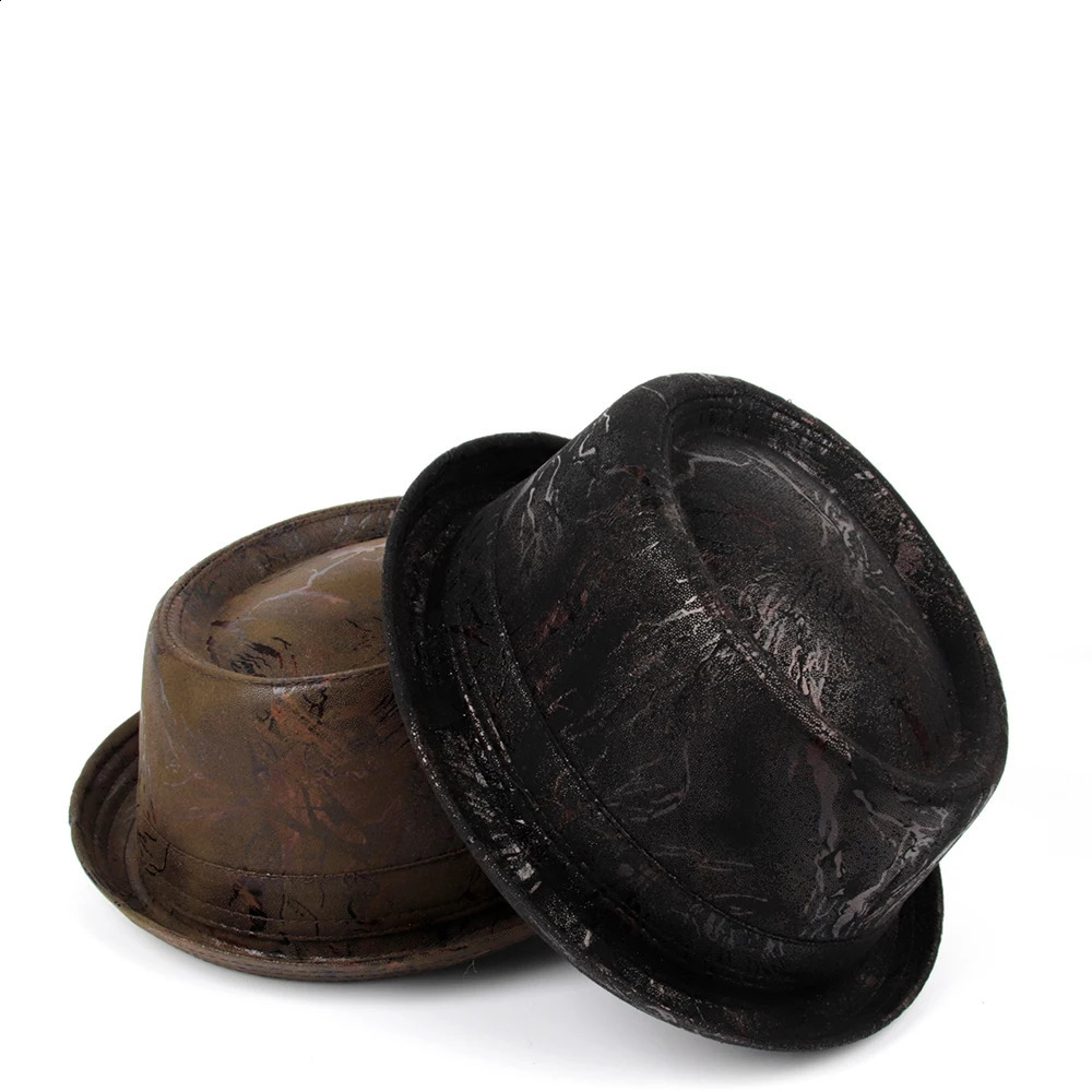 Mens Leather Pork Pie Hat Mens Flat Top Fedora Hat Mens Dad Bowling Pork Pie Jazz Hat Big 4 S M L XL 241105