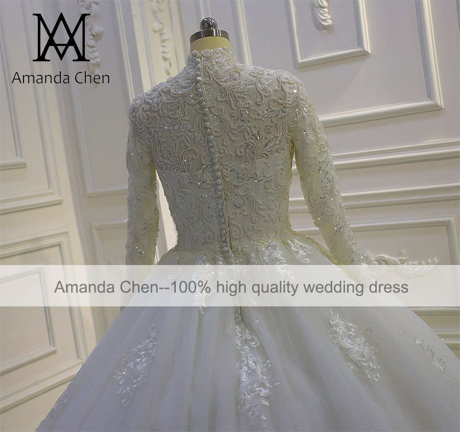 robe blanche High Neck Long Sleeve Lace Applique Pearls Muslim Wedding Dress