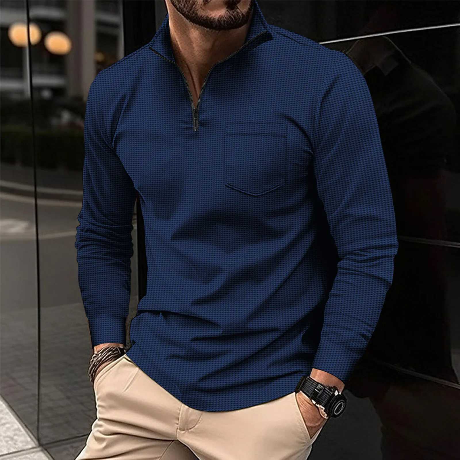 2024 new mens long Sve casual spring and autumn clothing solid stand collar breathable sports top W241106