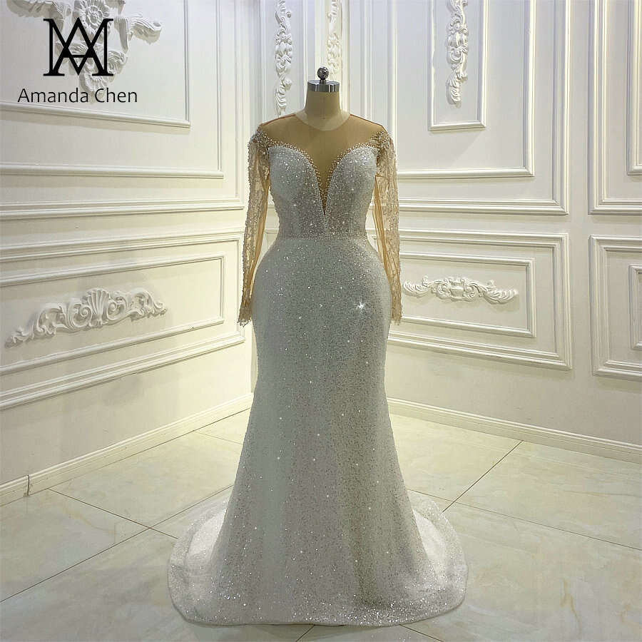 robes de mariage Long Sleeve Pearls Handwork Low Cut Wedding Dress