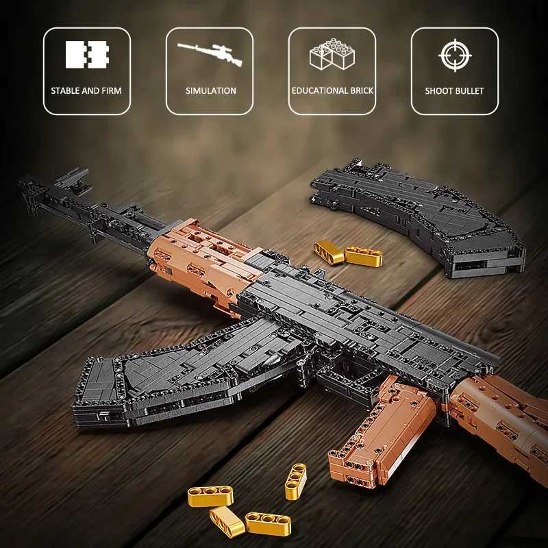 Blocks Military Series 1393pcs AK47 AKM Automatic Rifle Model Building Blocks High-tech MOC Can Shoot Bullet Weapon Bricks Toys GiftsY241106S5R4