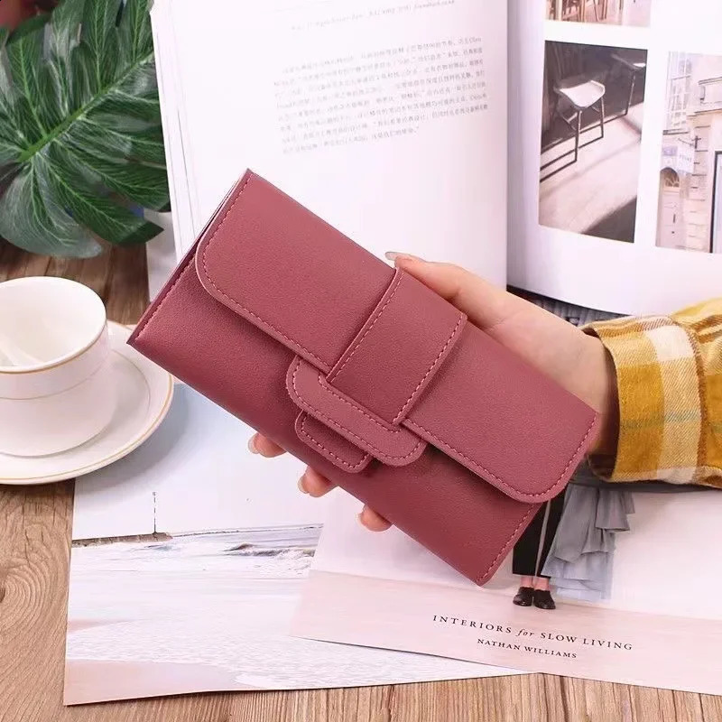 2024 Leather Women Wallets Long Hasp Foldover Pattern Coin Purses Female Solid Colors Thin Clutch Phone Bag 241029