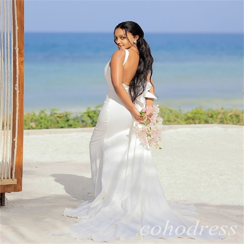 Minimalist Beach Wedding Dresses Civil Backless Bow Civil Boho Bride Dress Elegant Country Garden African Mermaid Bridal Gowns Soft Satin Robe De Mari