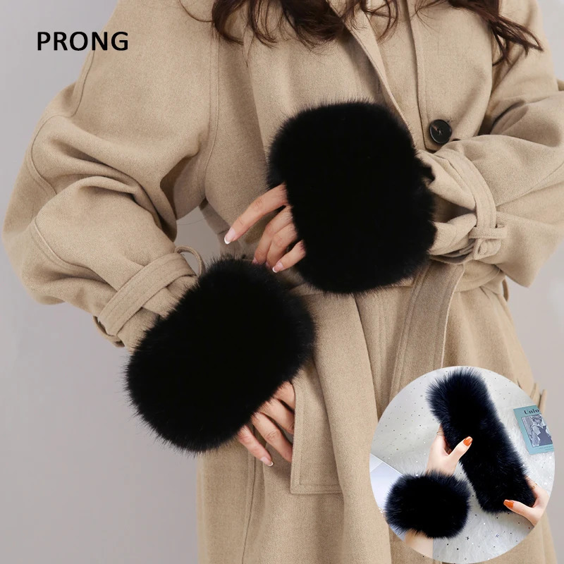 Natural fox fur cuffs wrist warmers womens jackets outerwear sleeves fur decorations womens bracelets real fur wrist gloves snap rings 241106