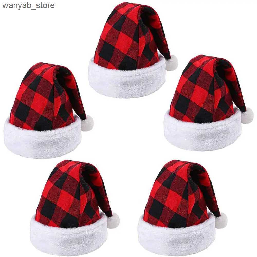 Wide Brim Hats Bucket Hats 2pcs Santa Red Hat Christmas Plaid Santa Hat Short Plush with White Cuffs Plush Fabric Christmas Hat for Adults and Kids L2
