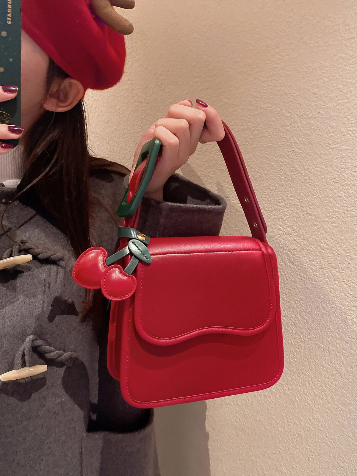 Burgundy PU Womens Underwear Bag High Quality Exquisite Cherry Pendant Flip Cross Body Bag Elegant Warm Handbag Trend241106