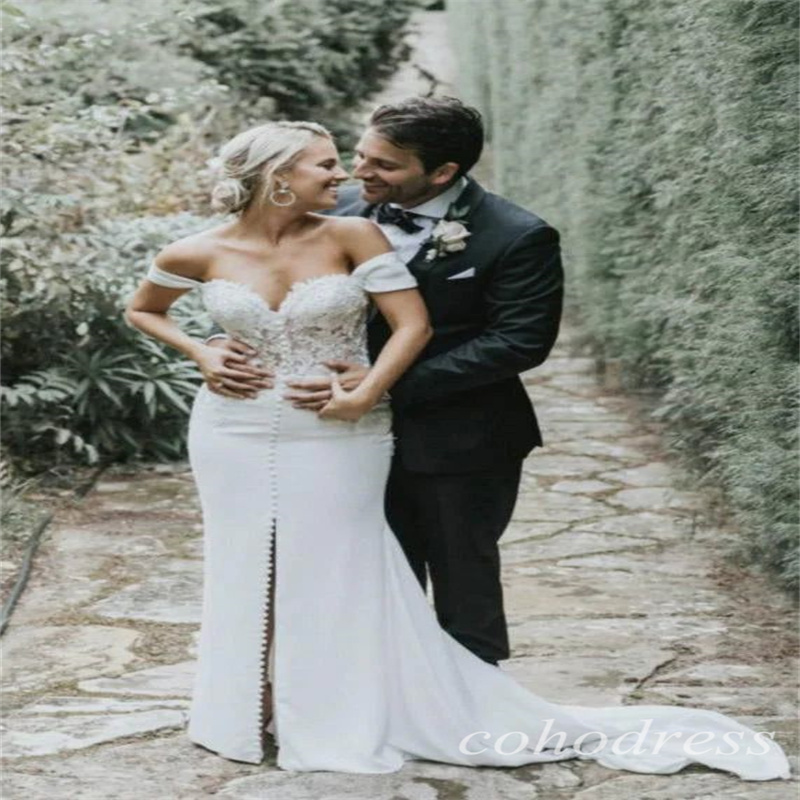 Fariy Boho Wedding Dresses With Slit Off Shoulders Farm Country Garden Bridal Gowns 2025 Gatsby Bohemian Satin Sweep Train Vestio De Novias
