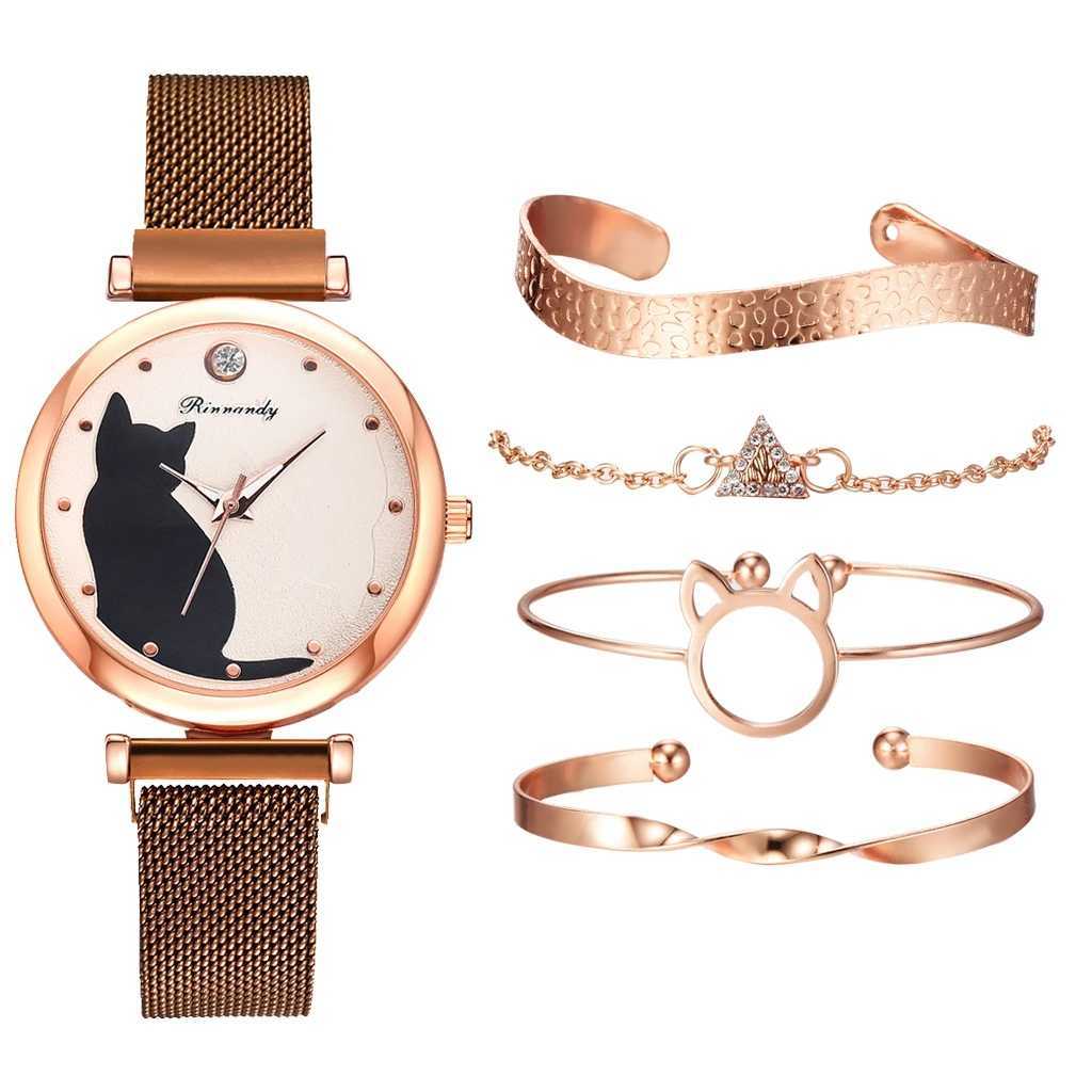 Fashion Watch Set Wen 5-piece quartz watch mesh bracelet Cat Dial luxury Wan Watch casual womens watch Relogio Femenino X241106