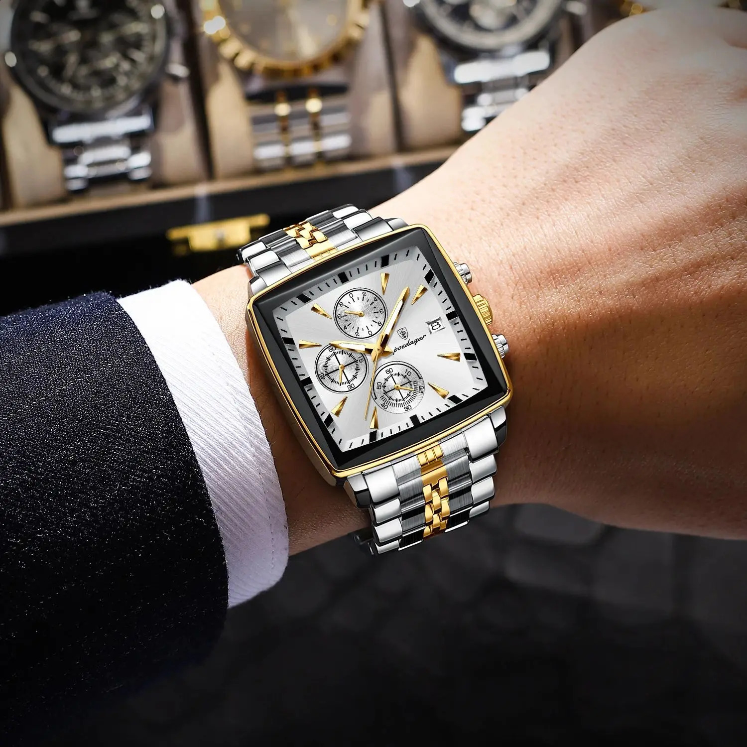 Poedagar Square Sports Mens Watch Waterproof Luminous Timing Quartz Mens Watch Stainless Steel Mens Watch Reloj 241105CJ
