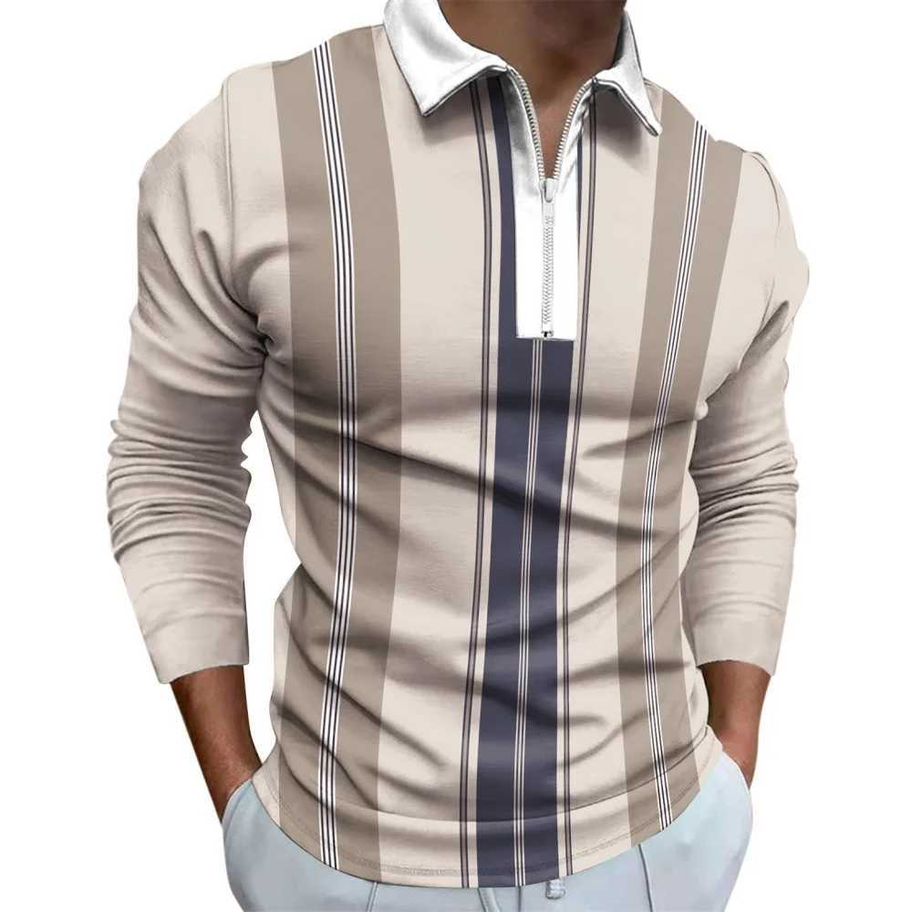 2024 Simple Stripe Print Mens Shirt Fashion High Collar Lapel T-shirt Mens Top Outdoor Casual Long Sve T-shirt Mens W241106