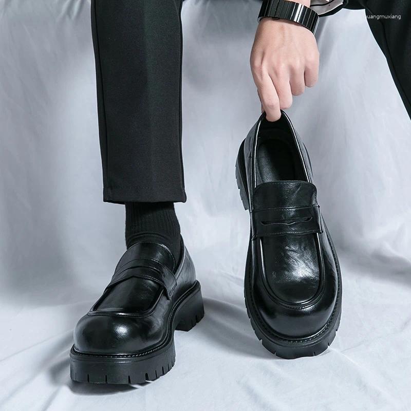 Casual Shoes Man Black Loafers Leather Solid Color Thick Soled Fashion Round Toe Daily Wedding Dress Party Faux Suede