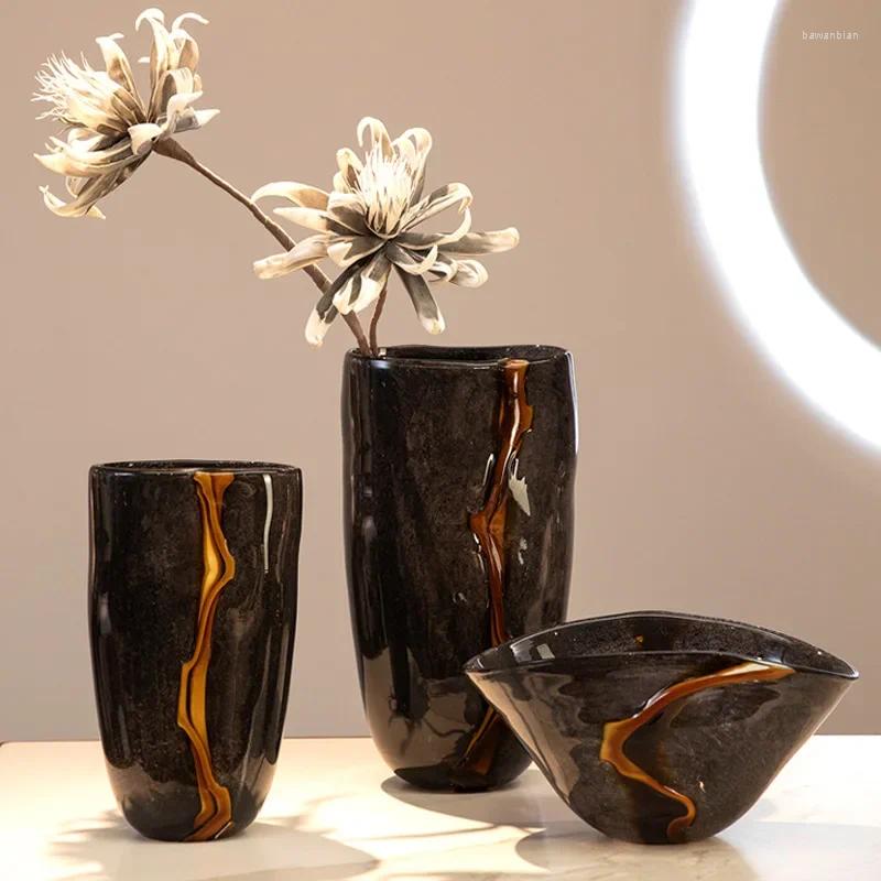 Vases Black Glass Vase Crack Water Ripple Flower Pot Floral Arrangement Accessories Flowerpot Terrarium Room Decoration