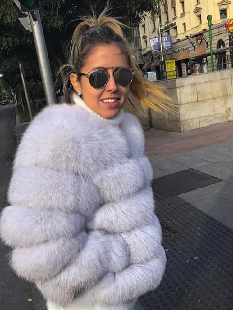 Elegant Faux Fur Short Coat Women Oneck Crop Long Sleeve Artificial Fox Fluffy Lady Jacket Autumn Winter Female Outwears 241104