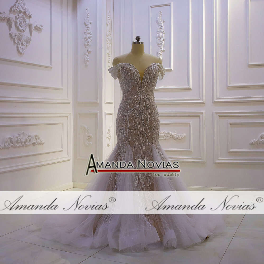 Champagne Off The Shoulder Full Pearls Lace Mermaid Wedding Dress