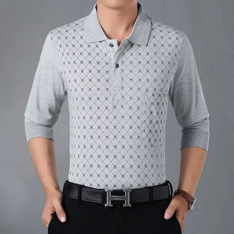 Spring/Summer Mens Long Sved Bottom Casual Loose T-shirt Fashion Casual Printed Collar Pocket W241106