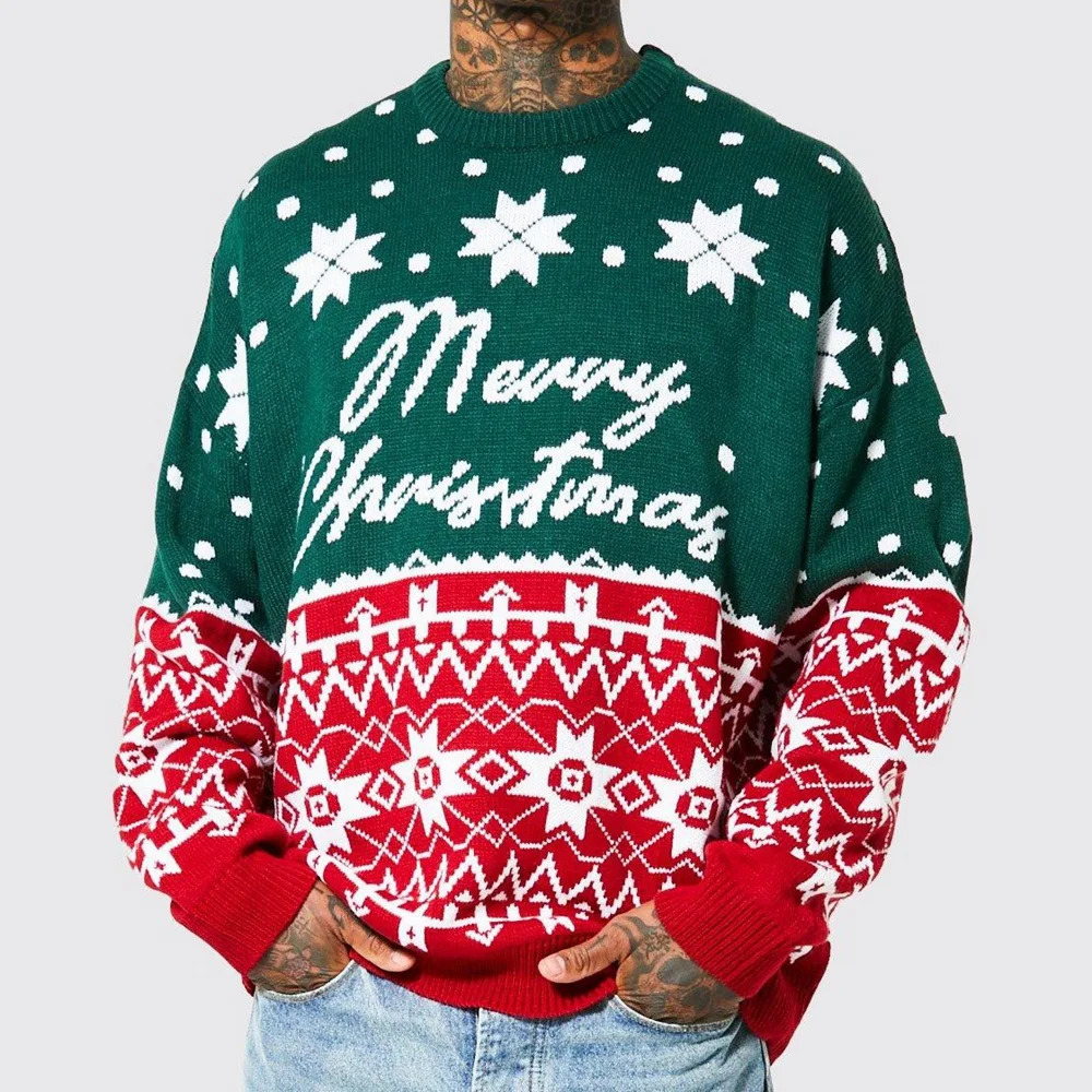 European and American Mens Fashion Knitted Jacquard Loose Round Neck Pullover Sweater for Autumn and Winter and Christmas. 241106