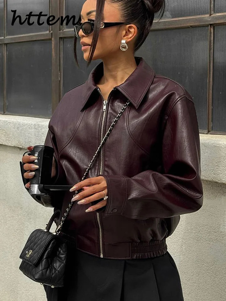 Fashion Zipper Short Leather Jackets Women Loose Lapel Long Sleeve Spliced Cropped Coats 2024 Autumn Lady Solid Y2k Streetwear 241106
