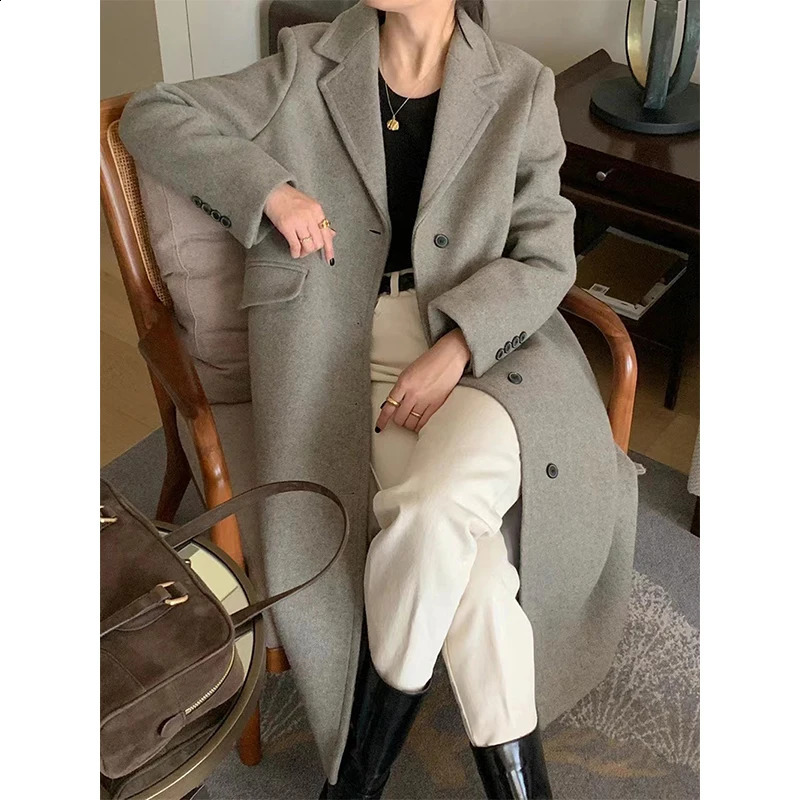 MEXZT Long Wool Blends Coat Streetwear Black Woolen Jackets Elegant Commute Blazer Overcoat Winter Korean Chic Outerwear 241105