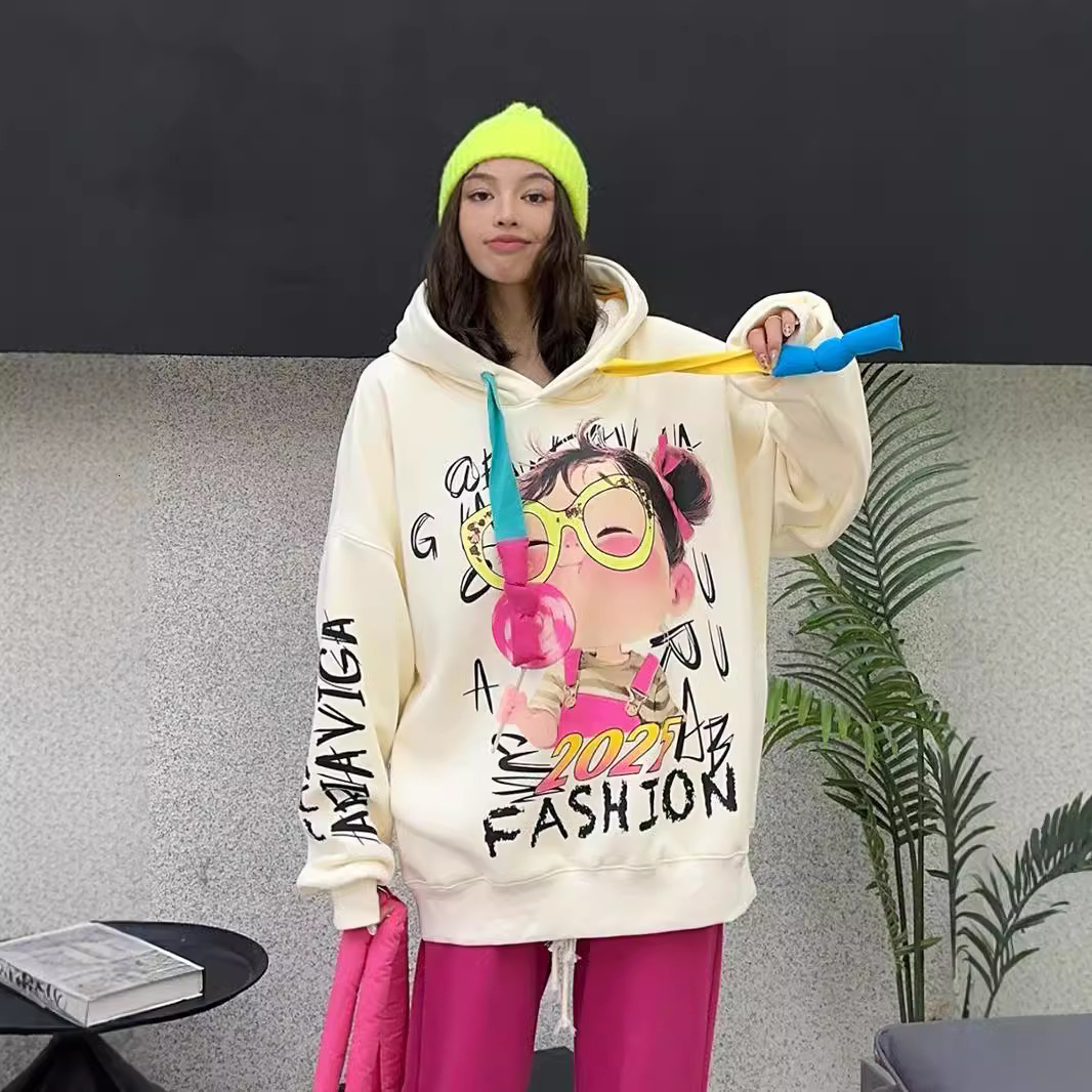 New designer fashion trend American heavy industry graffiti large velvet thick women's medium to long loose hooded sweatshirt