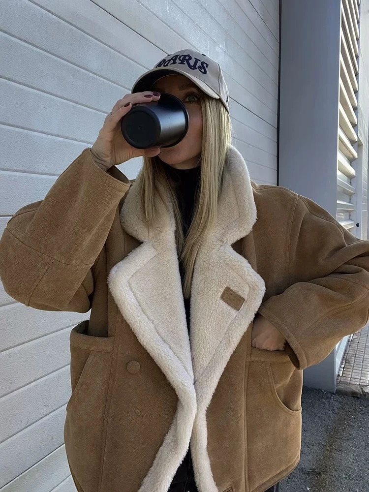 Fashion Oversize Loose Lamb Jacket For Women 2024 Winter Long Sleeve Button Fleece Coats Female Hip Hop Street Fluffy Outerwear 241106
