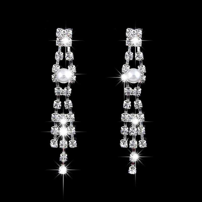 Luxury Simulated Pearl Tassel Bridal Necklace Earring Set Crystal Zircon Wedding Bridal Jewelry X241106