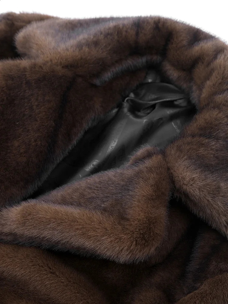 Womens Dark Brown Faux Fur Long Overcoat Single Breasted Fleece Trench Coat Winter Fluffy Plush Warm Thicken Outerwear 241104
