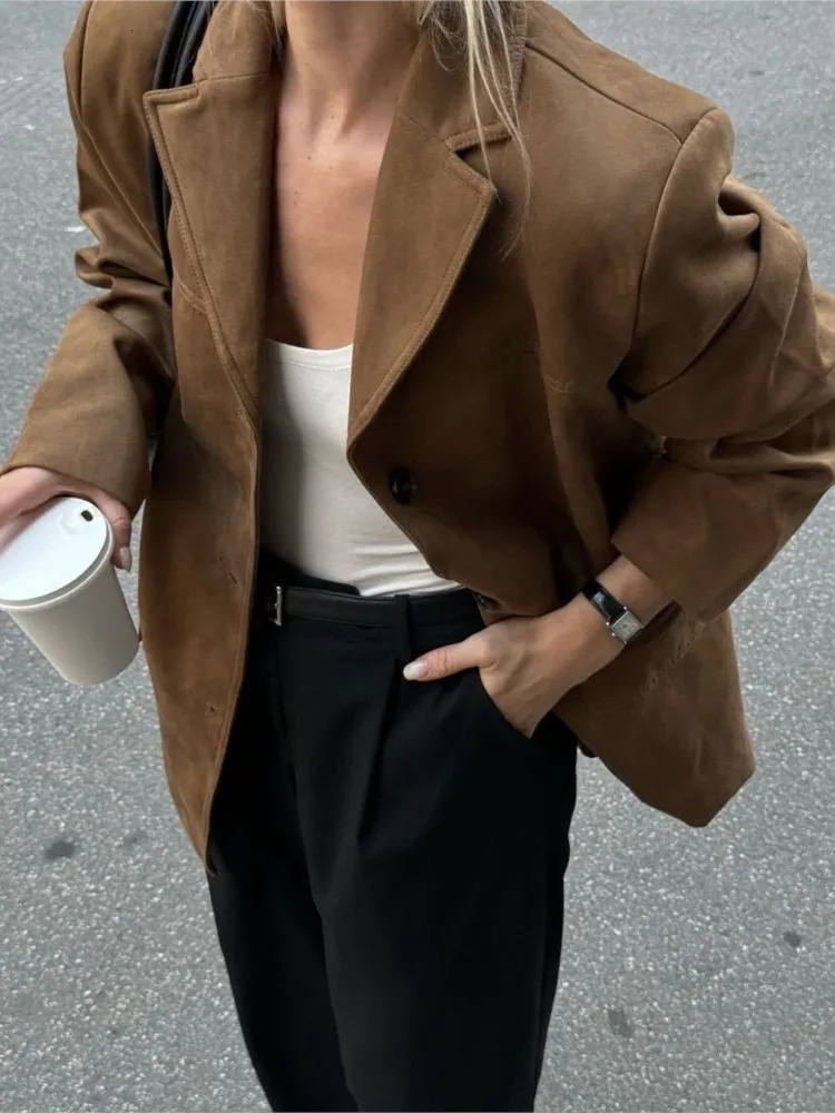 Vintage Brown Womens Jacket Classic Casual Turndown Collar Jackets Autumn Winter Fashion Women Coat Retro Solid Color Outerwear 241106
