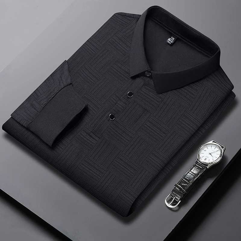 Mens high-end brand 2024 new spring and autumn striped printed long Sved seamless shirt anti wrinkle lapel T-shirt top W241106