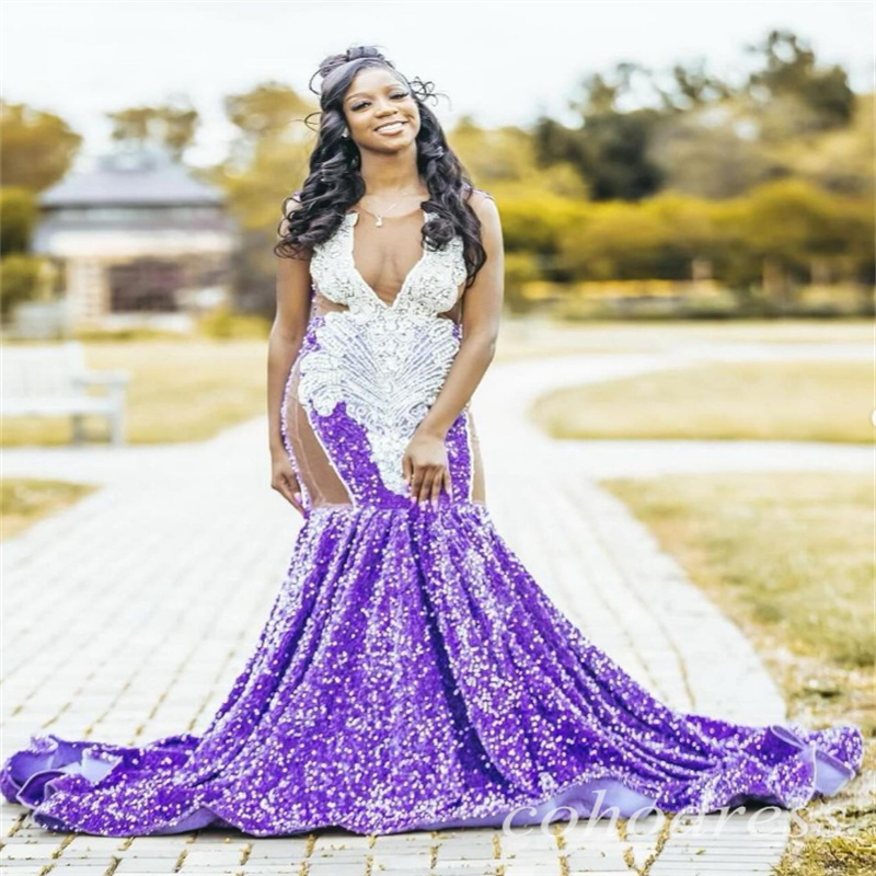 Luxury Purple Prom Dresses For Black Girls Rhinstone Crystal Mermaid Sequin Evening Gowns Plus Size Women Birthday Party Gowns Pageant Vestio De Noche