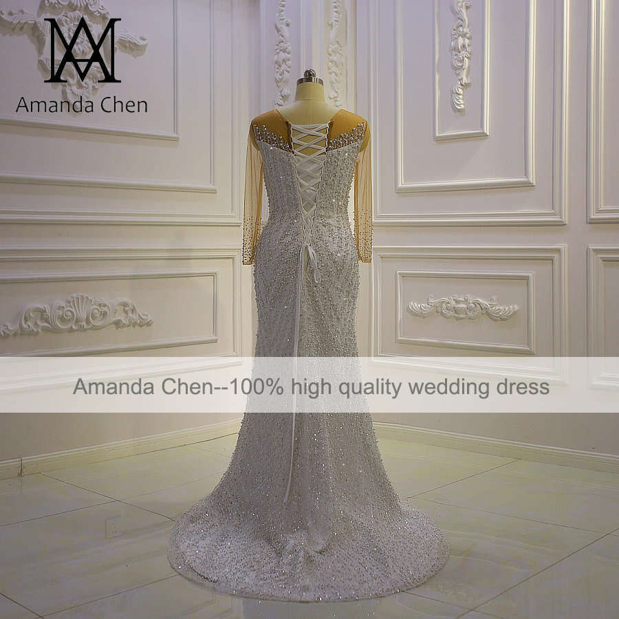bridal dress Long Sleeve Lace Appliqued Handwork Pearls Detachable Skirt Wedding Dress