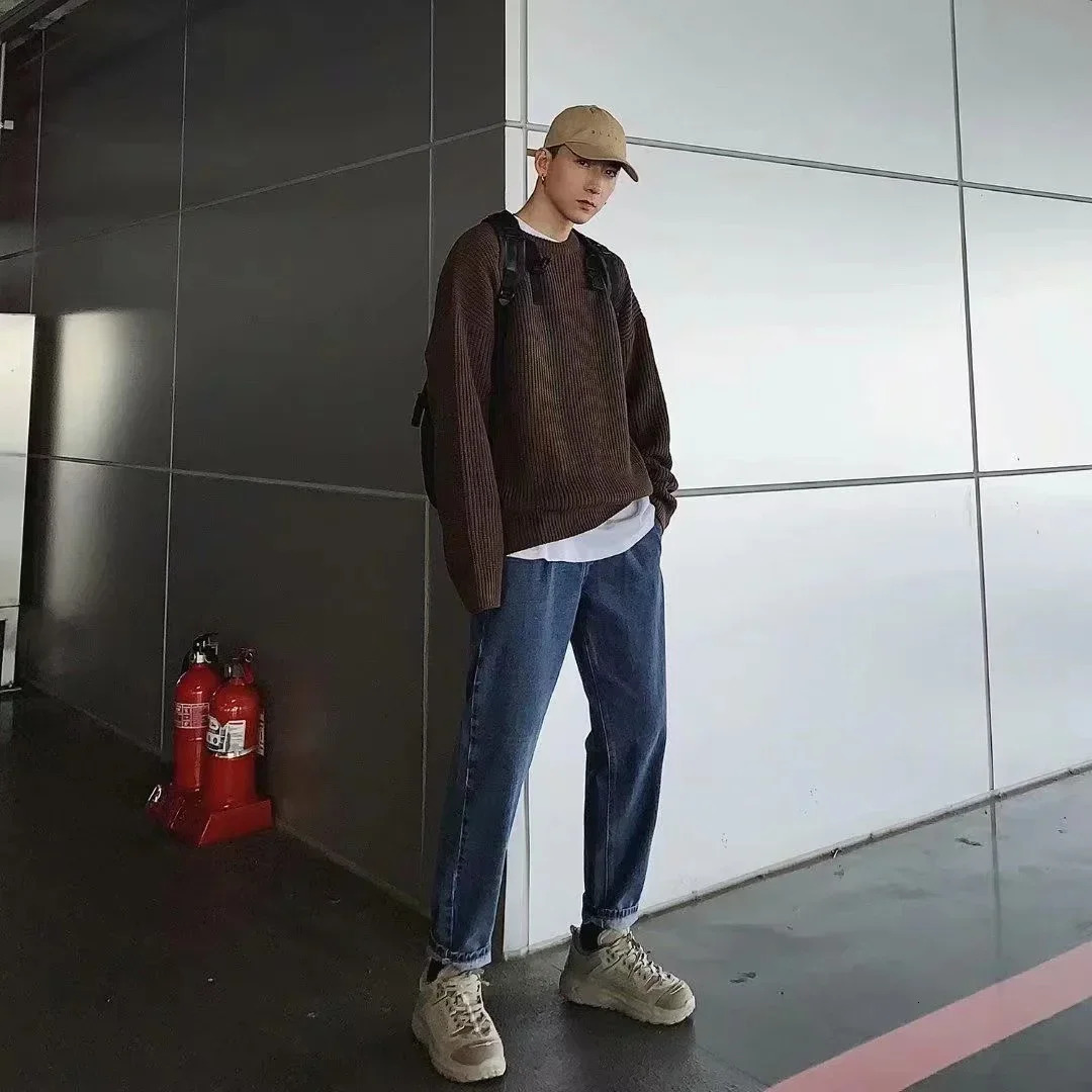 Autumn Crew Neck Solid Color Pullover Sweaters For Men Casual Y2K Knitted Sweater High Street Fashion Jumpers Hombre 241106
