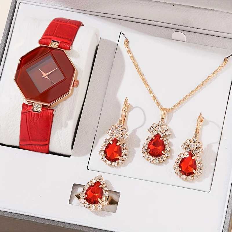 Wens Watch Polygon Pointer Quartz Watch Casual Rhinestone Simulation Watch 4-piece Jewelry Set Gift to M Her X241106
