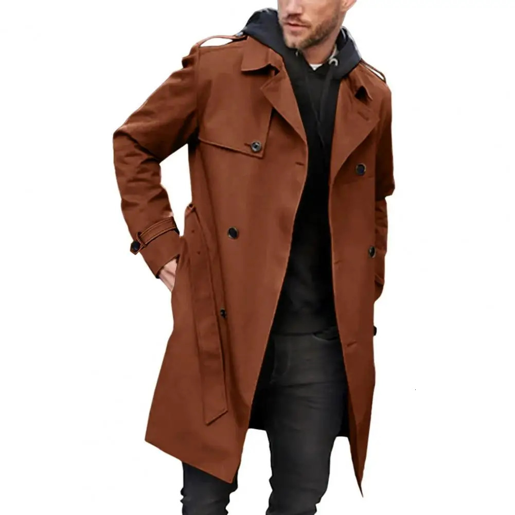 Mens autumn and winter solid color windproof lapel long sleeved double-layer pocket belt slim fit jacket 241106