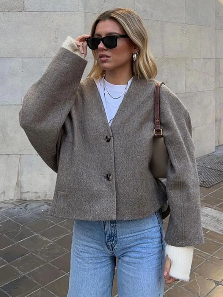 Women Woolen Blends Solid Blazer Coat Fashion Loose Single Breasted Long Sleeve Pockets Jackets Chic Female Coats 241106