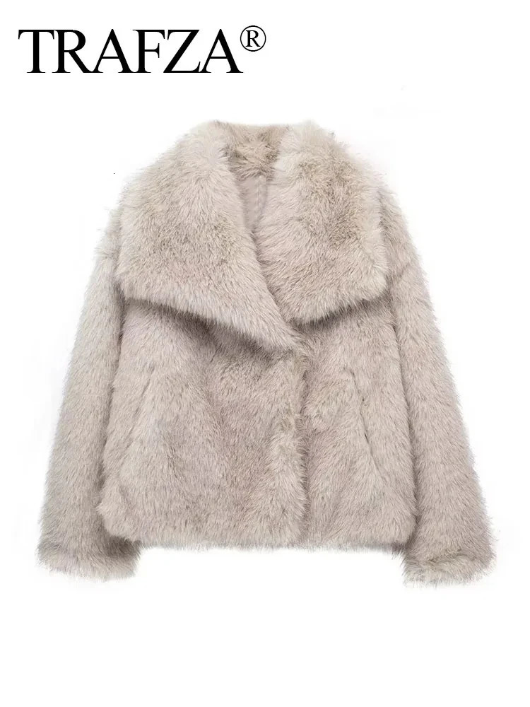 TRAFZA Women Fashion Faux Fur Jacket Vintage TurnDown Collar Long Sleeve Coat Autumn Winter Woman Elegant Streetwear 241104