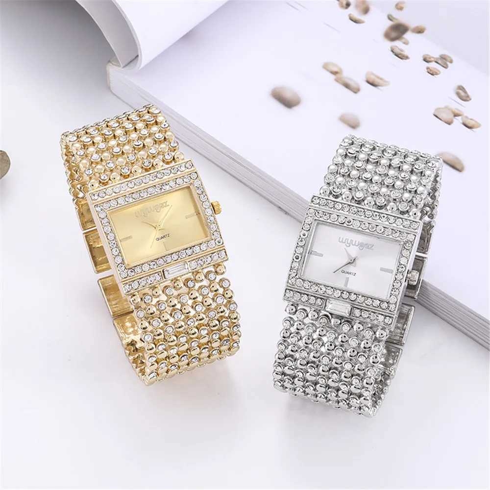 Ladies luxury gold and stone English watch fashion diamond set square crystal design casual skeleton watch dress watch X241106
