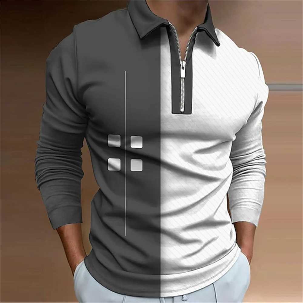 Patchwork Pattern Print Shirt for Men Ventilate Lapel Wear Mens T-shirt Top Comfortable Zipper Sports Long Sve Clothing W241106