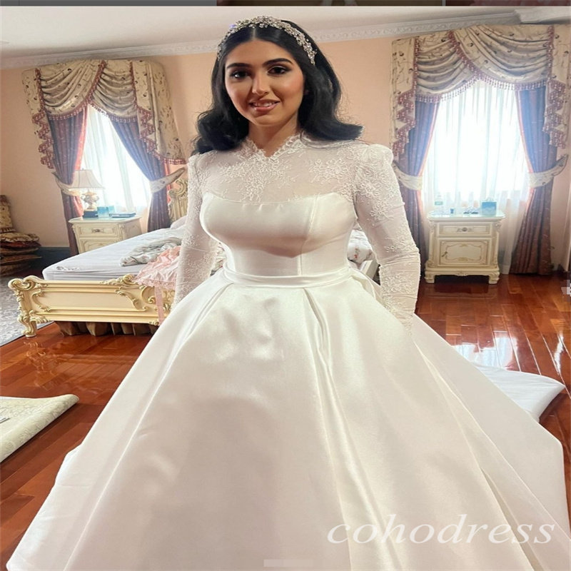 Arabic Ball Gown Princess Wedding Dresses With Bow High Neck Long Sleeve Lace Romantic Bridal Gowns Modest Country Bride Women Vestios De Novia Margie