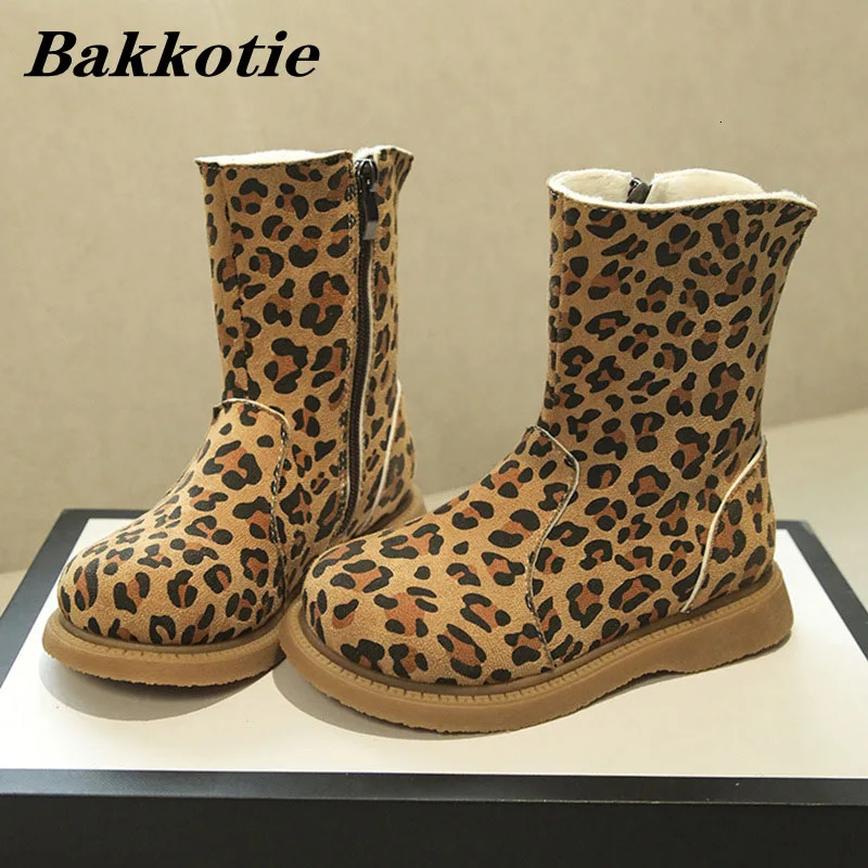 Kids Boots Winter Girls Fashion Middle Calf Princess Snow Boots Toddler Children Boys Leopard Warm Fur Shoes Soft Sole 241106