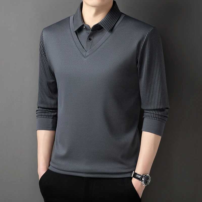2024 Korean style mens long sved T-shirt with automatic lapel business fashion casual shirt elastic top black dark gray W241106