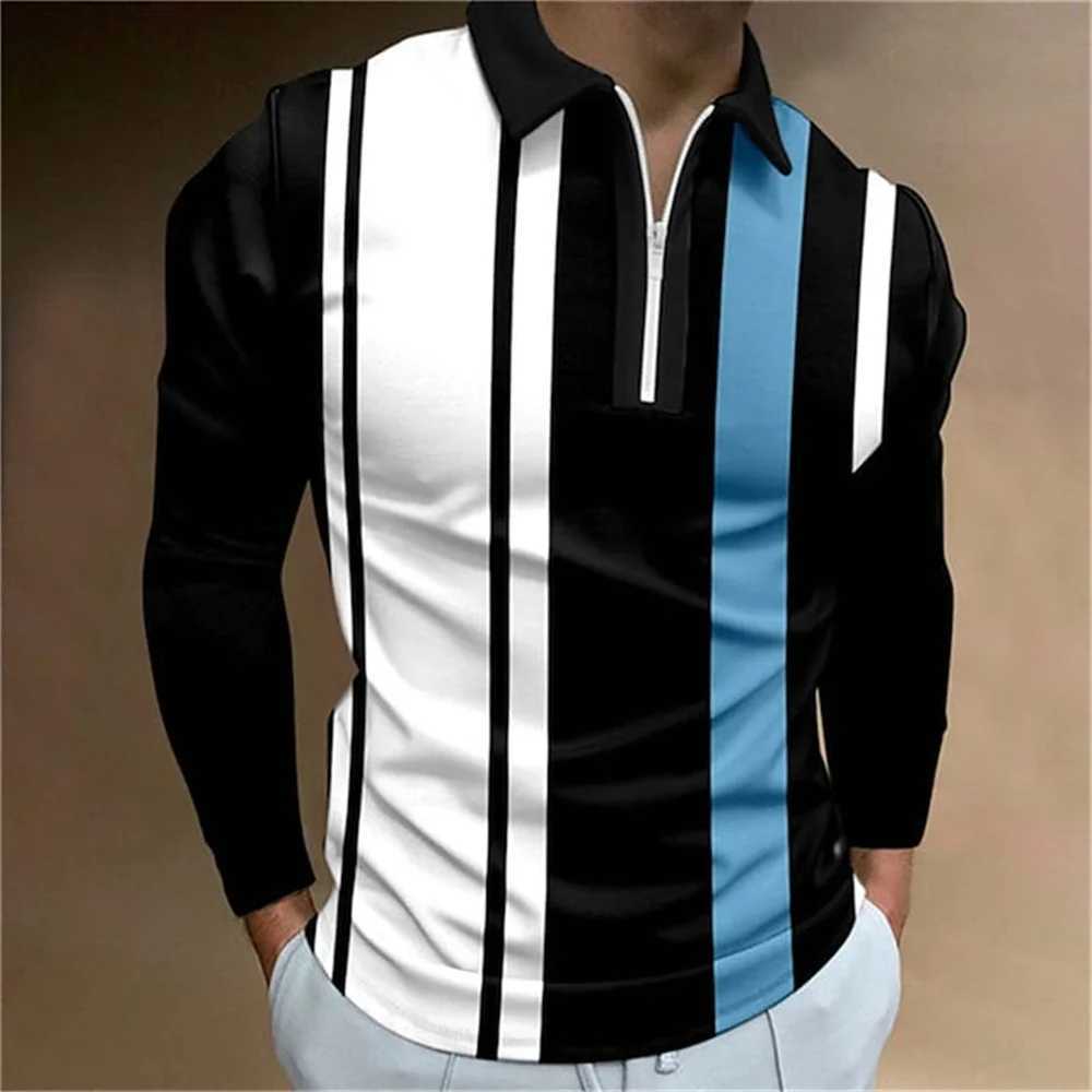 2024 Simple Stripe Print Mens Shirt Fashion High Collar Lapel T-shirt Mens Top Outdoor Casual Long Sve T-shirt Mens W241106