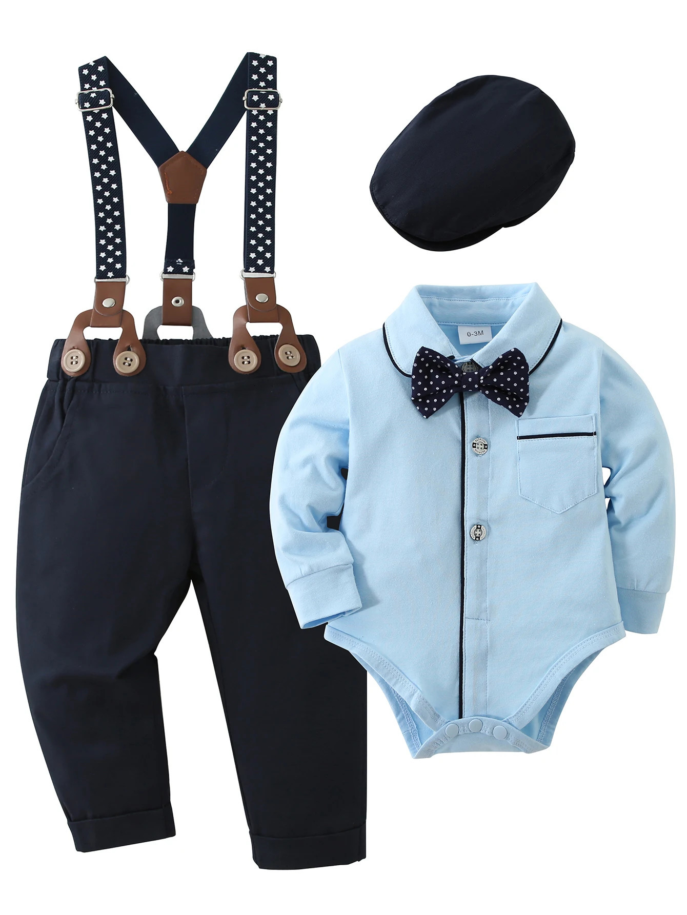 Baby Boy Clothes Infant Boy Gentleman Outfits SuitDress Shirt Suspender Pants Bowtie Beret Hat Wedding 241106