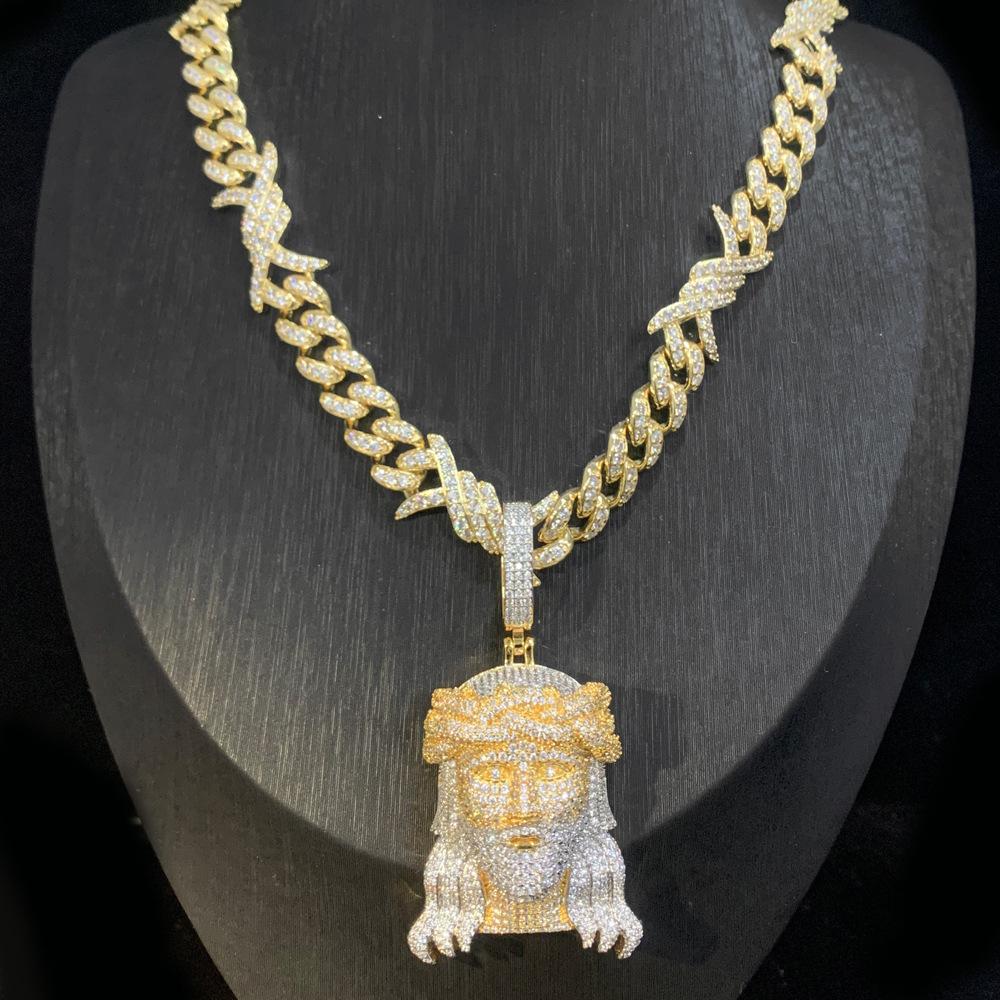 Hip Hop Jesus Face Pendant Necklace with Cuban Chain Jewelry Set 18k Gold Plated