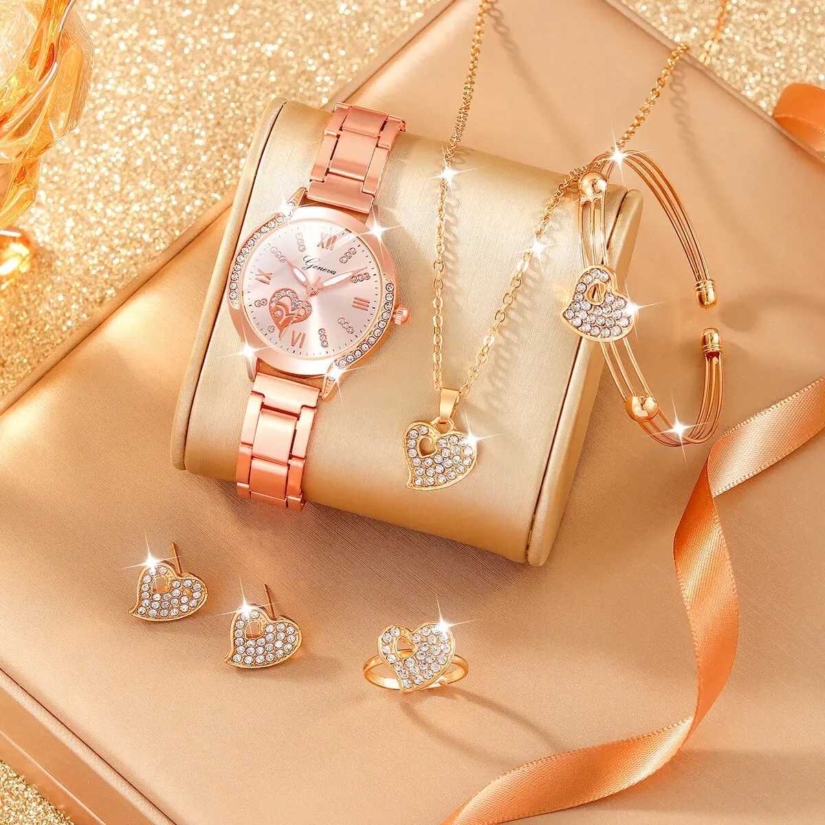 6 Womens Fashion Simple Designer Star Ran Rhinestone Steel Strap Quartz Watch Luxury Pearl Rhinestone Jewelry Set X241106