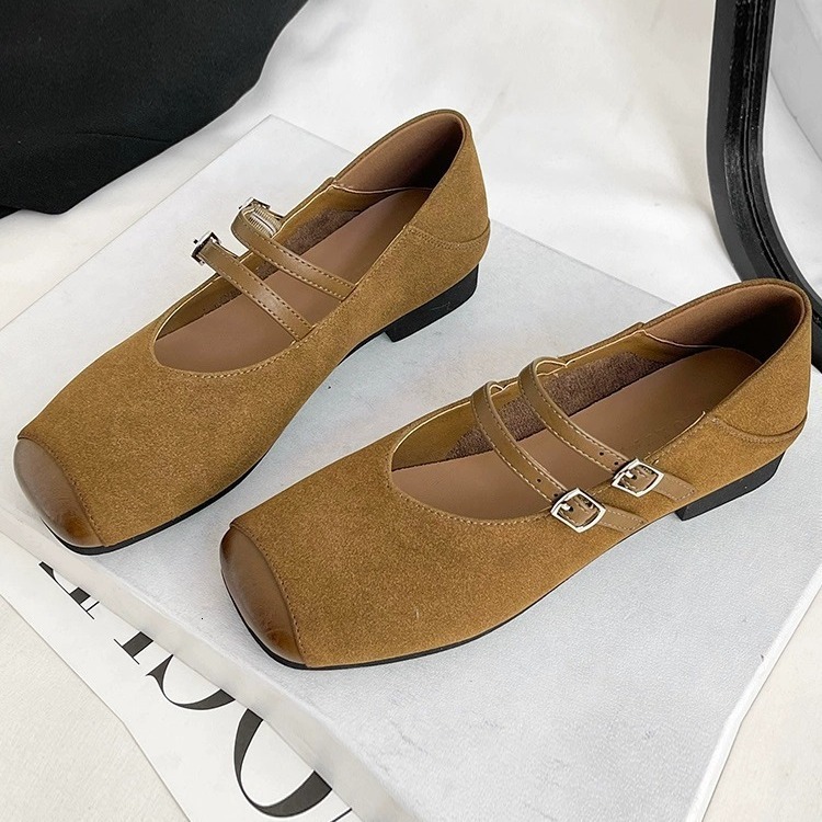 Patchwork Soft Leather Mary Jane Sneakers for Women - Flats with Double Button Strap and Square Toe