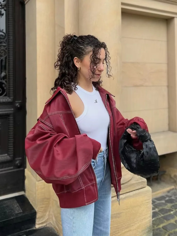 Chic Contrast Stitch Zipper Leather Jacket For Women Fashion Lapel Long Sleeves Cropped Bomber Coat 2024 Lady Street Outerwear 241106