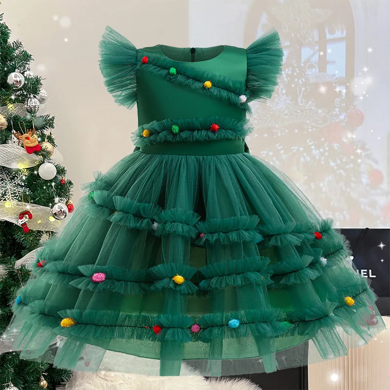 Christmas Girls Bow Polka Dot Applique Mesh Fly Sleeve Princess Dress School Party Fashionable Solid Color Evening Dress 241106